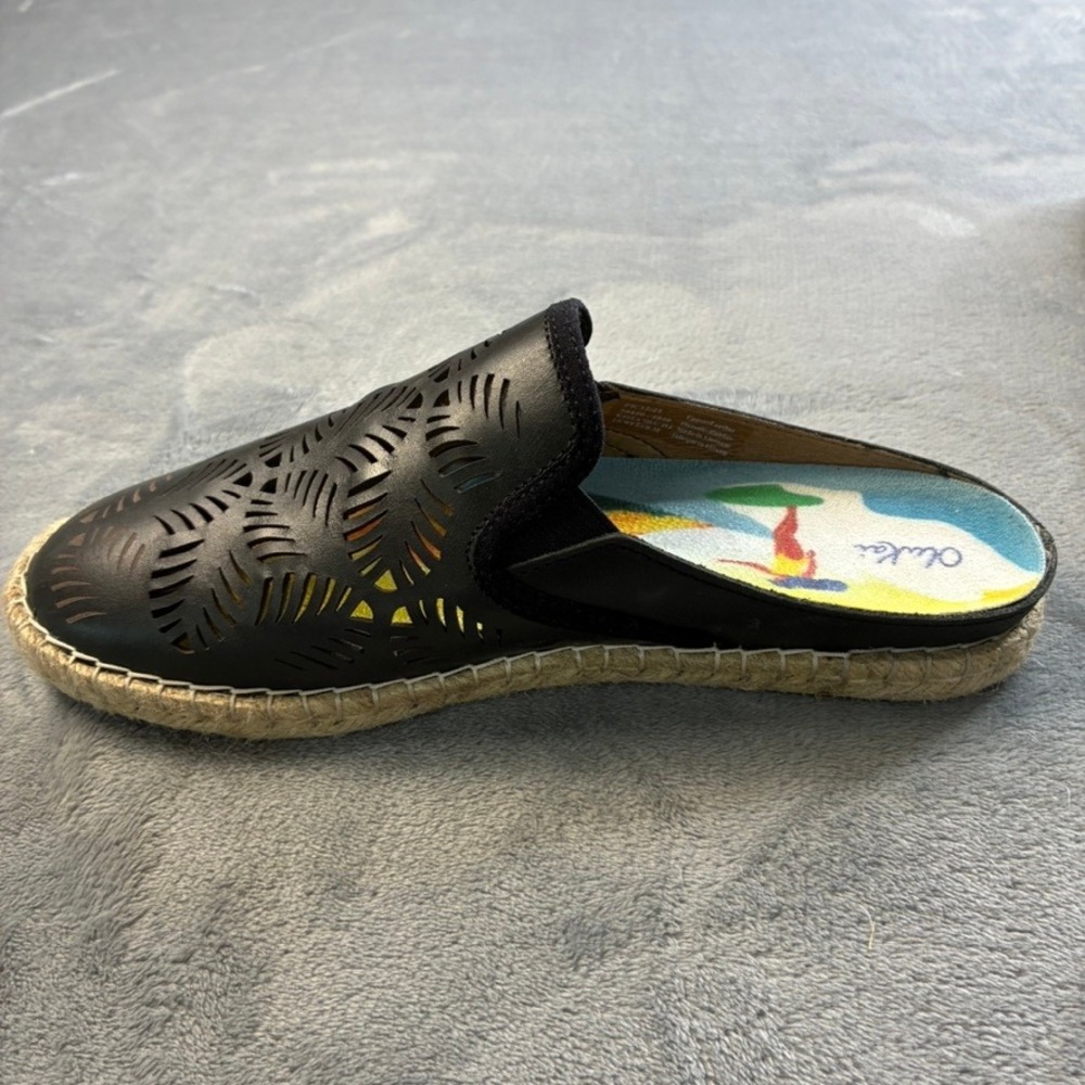 OluKai Kaula 'Olu 'Ili Black Leather Laser Cut Espadrille Mules Womens 8 20450 - Picture 15 of 16